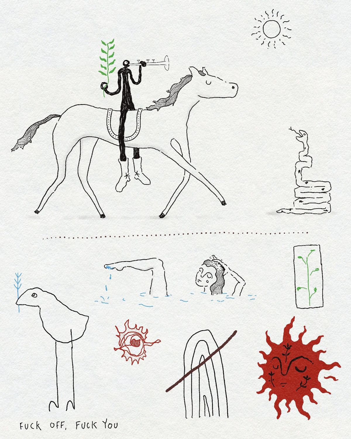Tattoo flash sheet with a trumpet player on a horse, a snake, two swimmers, a bird, a red eye, a red sun, an arch, a sprout in a box and the words fuck off, fuck you