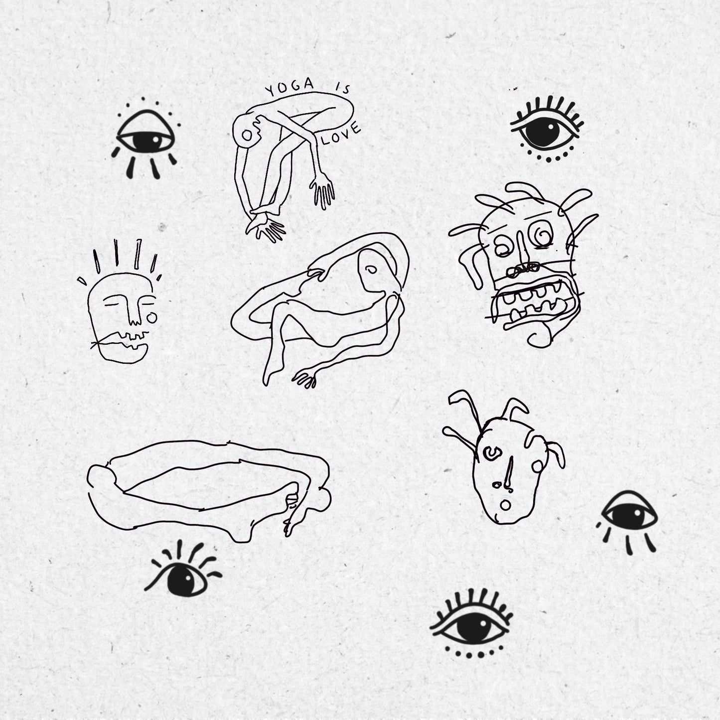 Collection of black line drawings on a textured white background, including yoga poses, unusual faces and eyes.