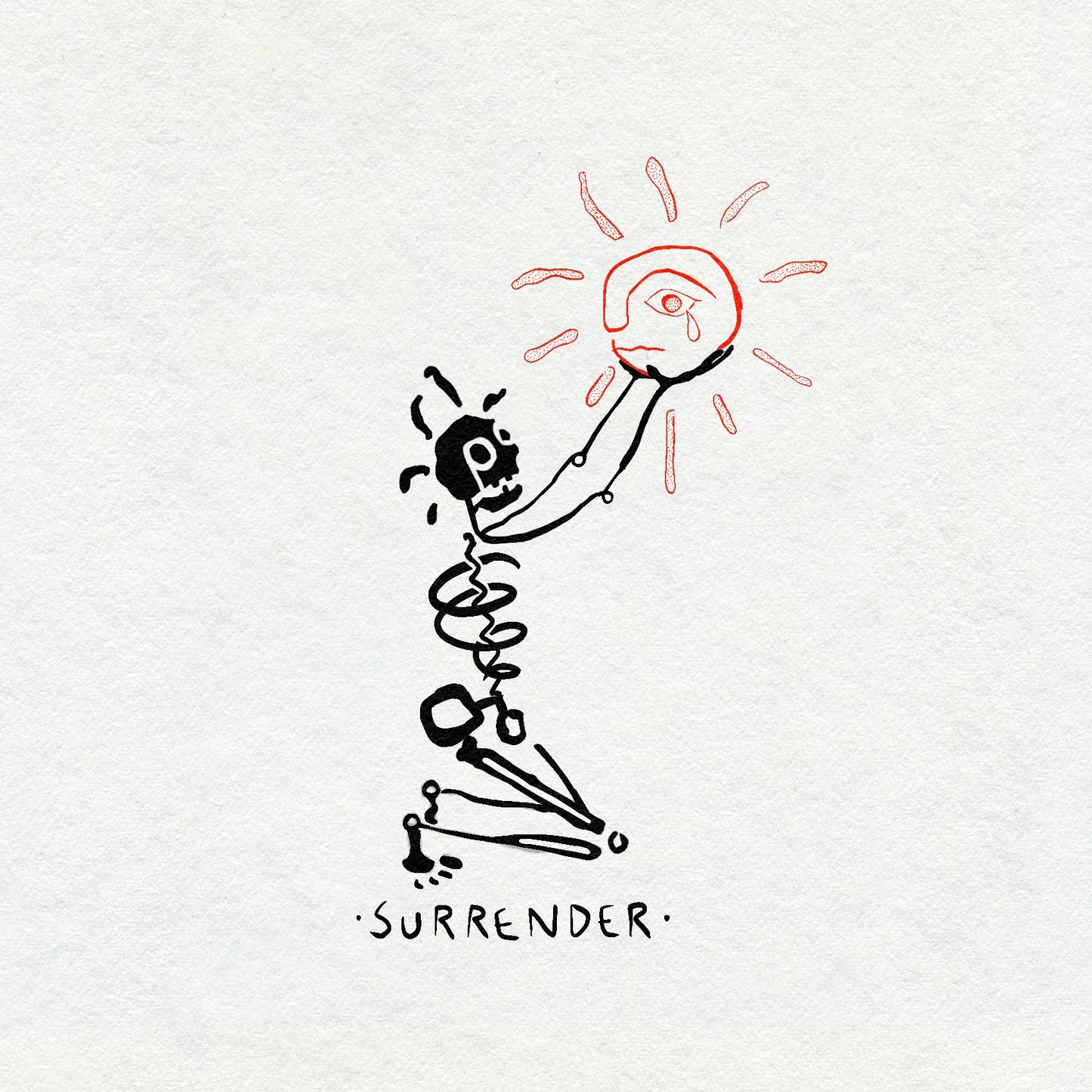 Bold illustration in black ink with a skeleton kneeling and holding a red crying sun on a light gray background with the word SURRENDER underneath