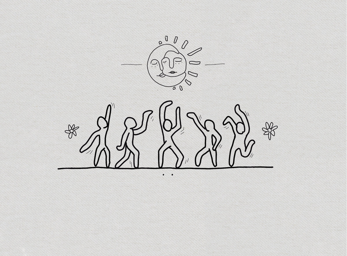 Five bold outline dancing figures on a ground line beneath a sun and moon face, black ink drawing on textured paper