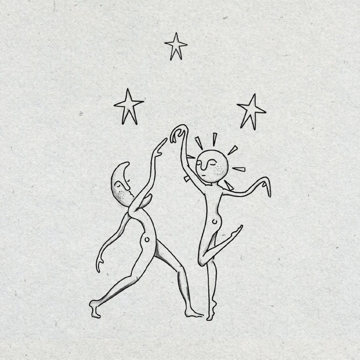 Two celestial figures dancing, one with a moon for a head and the other with a sun, with stars above them on a textured light gray background