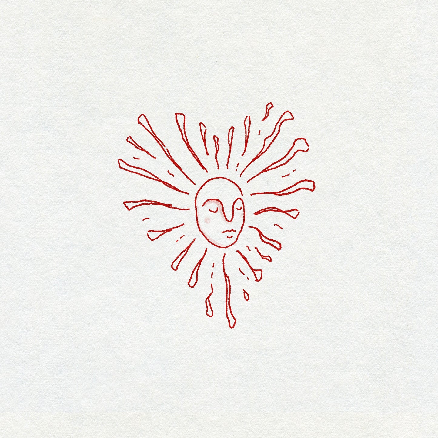 Red fineline drawing of a sun with a face in the shape of a heart on a white background