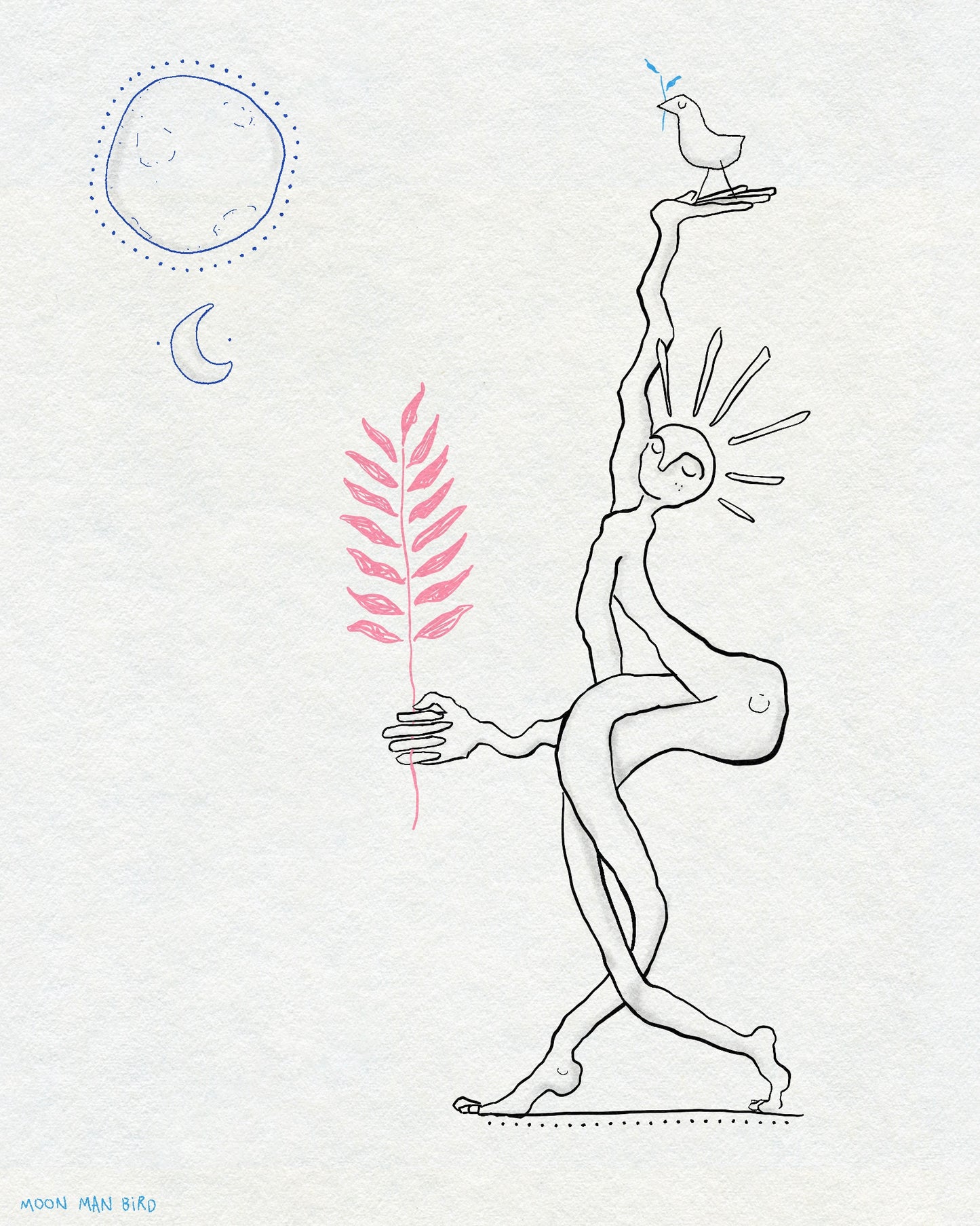 A fineline drawing of figure with their legs crossed and sun rays coming out of their head. The figure is holding a small bird above them and a red plant in front of them. There is a full moon and crescent moon above them. In black ink on an off-white textured background.