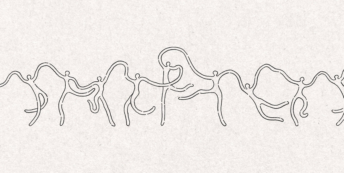 Nine dancing figures joined hand to hand in a looping chain, drawn in a stitched double line on textured paper, made as a wraparound band tattoo