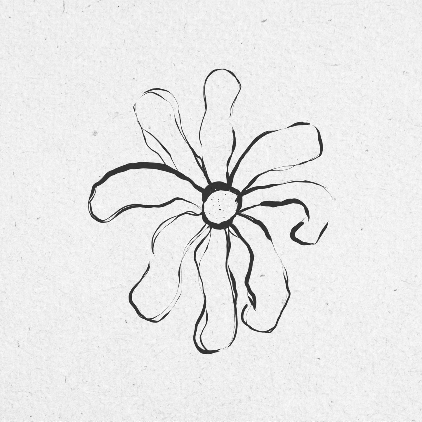 Black line drawing, using textured sketch style lines, of a flower on a textured white background