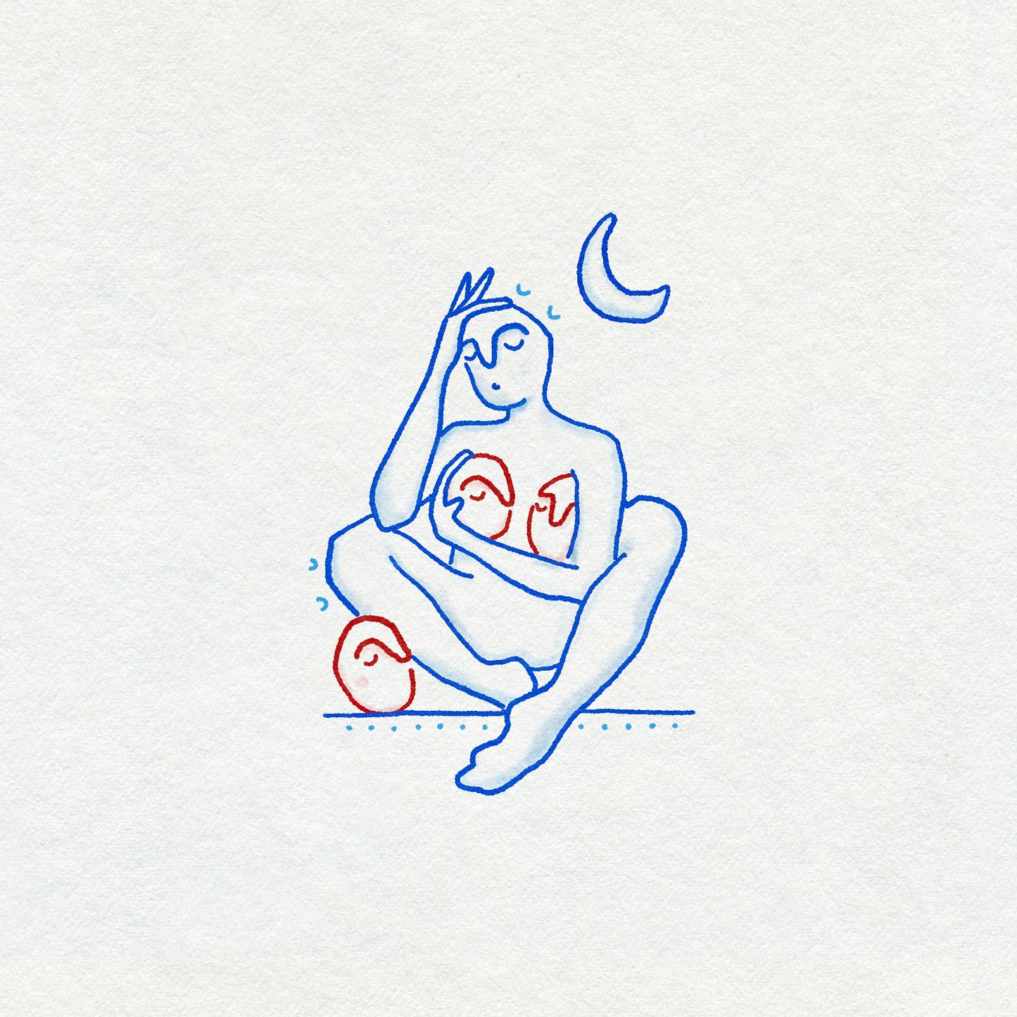 Fineline drawing with soft shading of a person sat cradling three heads with a moon above them. In blue and red ink on a textured background.