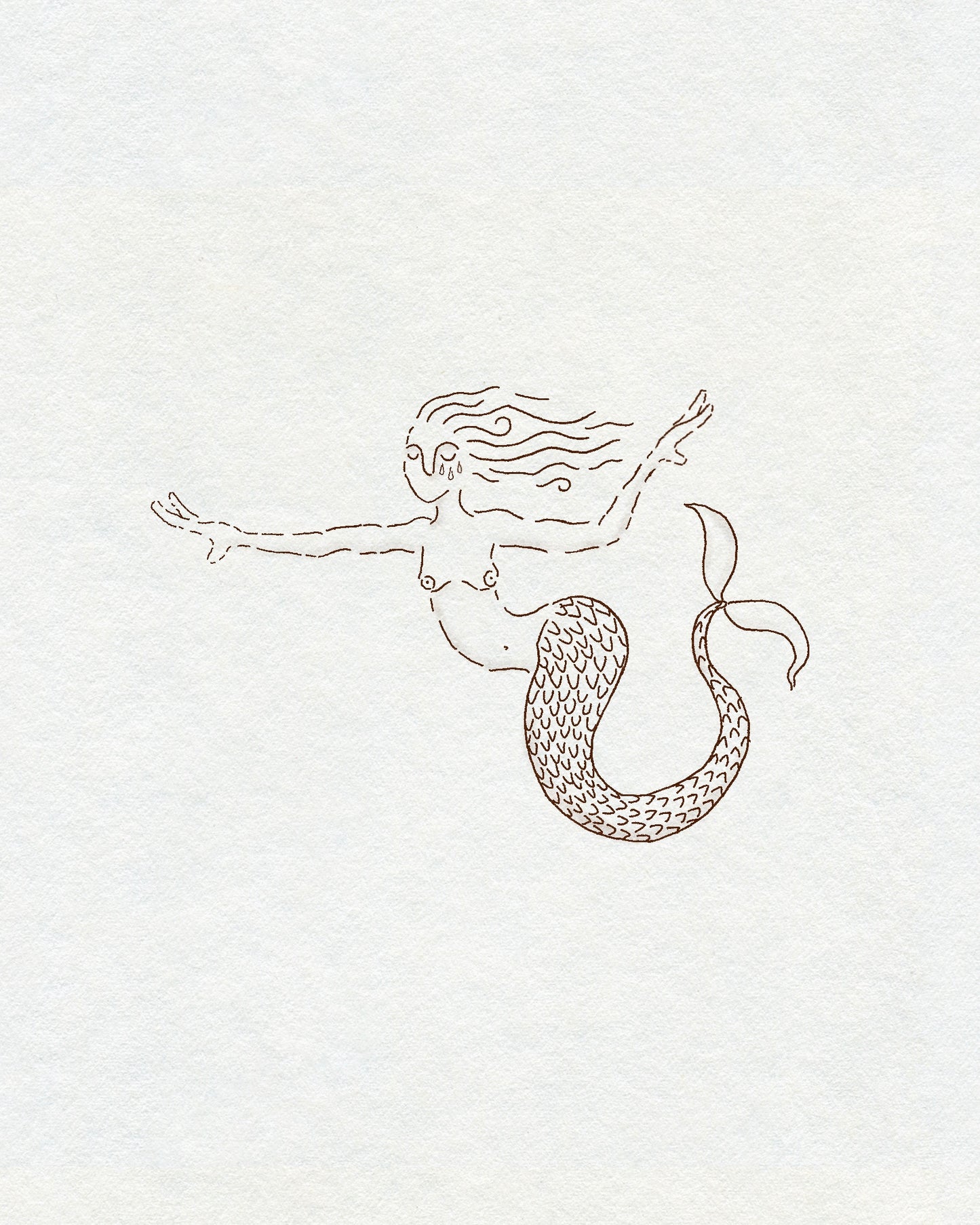 A fineline sketch style drawing of a mermaid crying in brown ink on a cream textured background