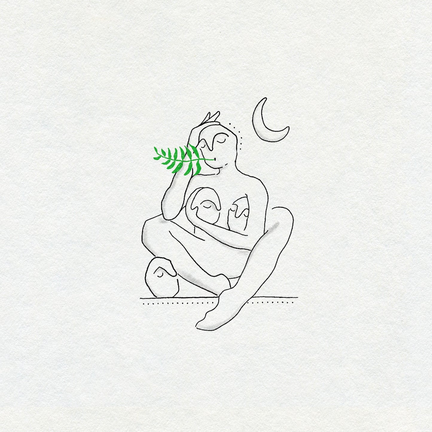 Fine line drawing in black ink of a person sitting with a green plant and moon holding three faces on a light gray background