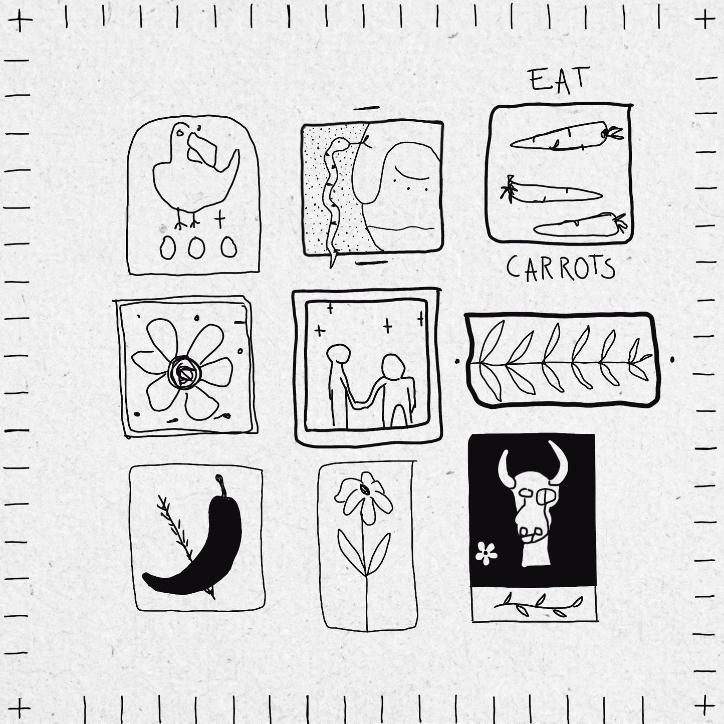 Collection of black and white tile illustrations on a textured background including images of carrots, plants, flowers, a skull and a bird.