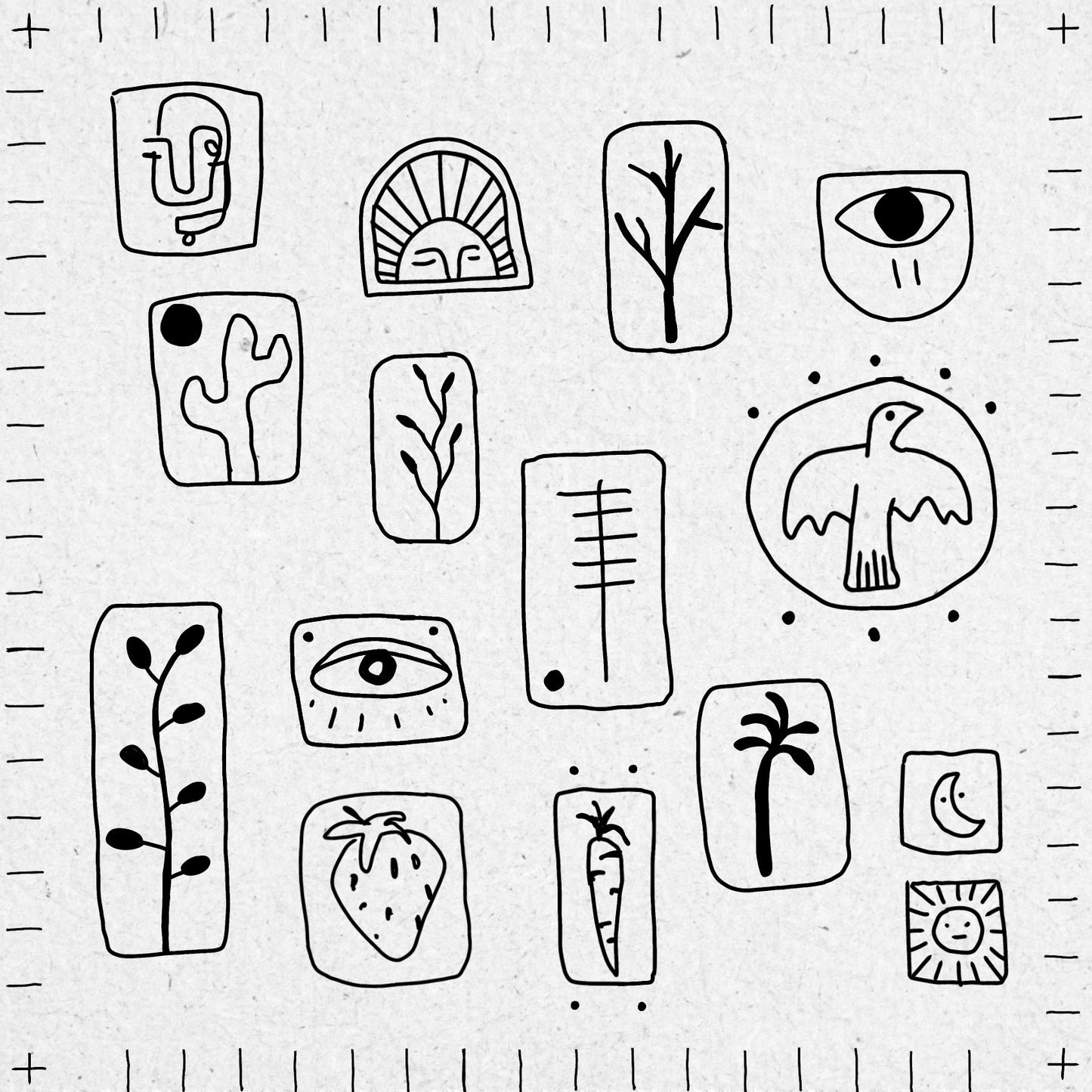 Collection of black fineline illustrations including plants, birds, sunshine, eyes, moon and faces.