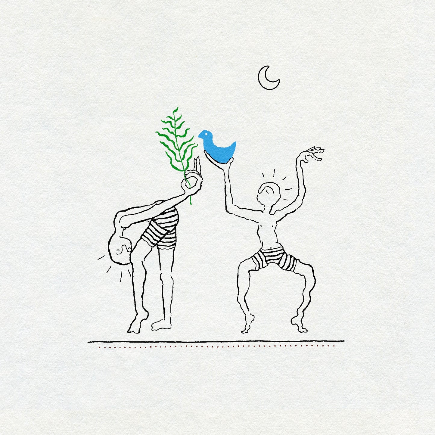 Two fineline sketch style dancing figures in black ink stripy shorts holding a blue bird and green plant with a crescent moon above them.