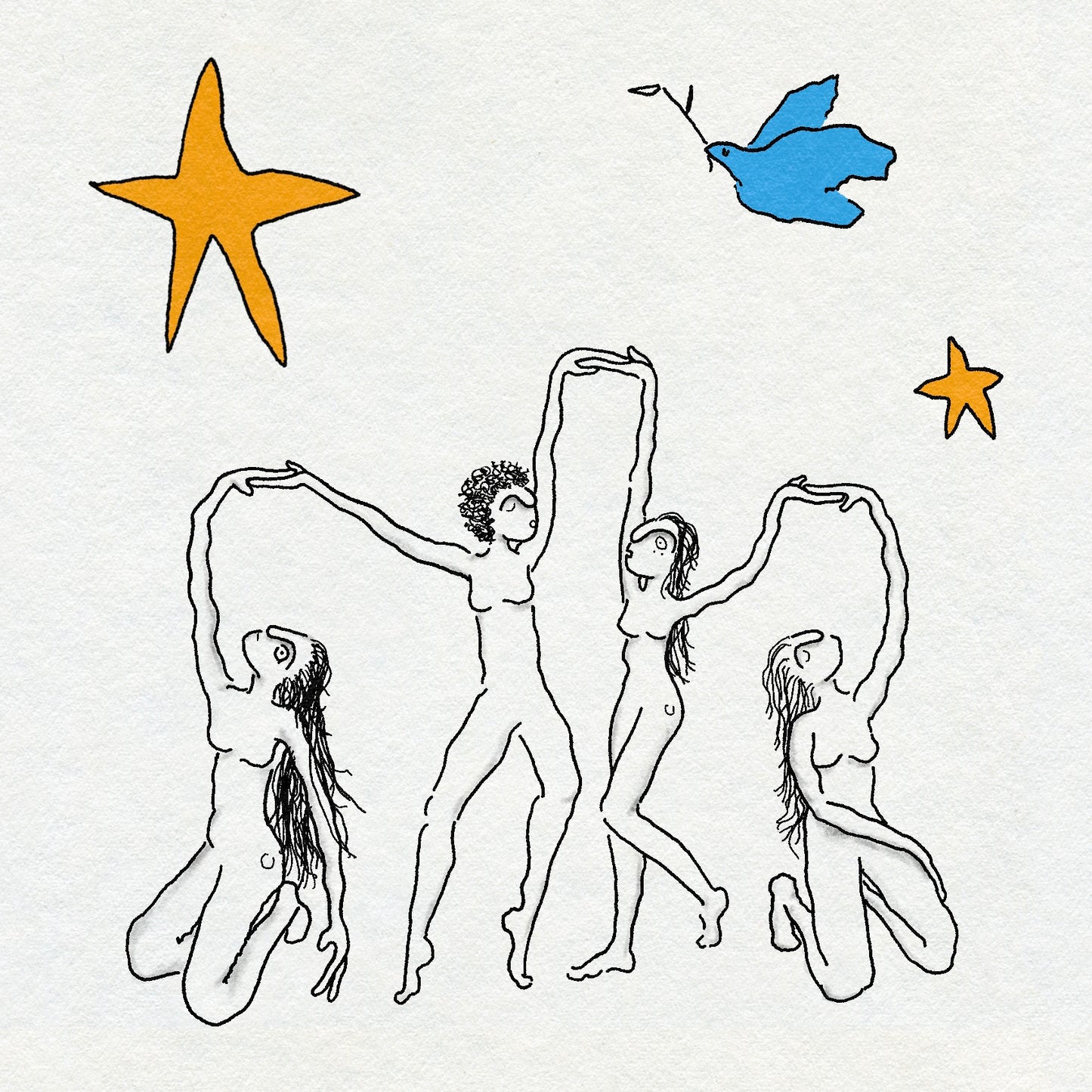 Fine line illustration of four nude figures with long hair dancing under yellow stars and a blue bird on a white background