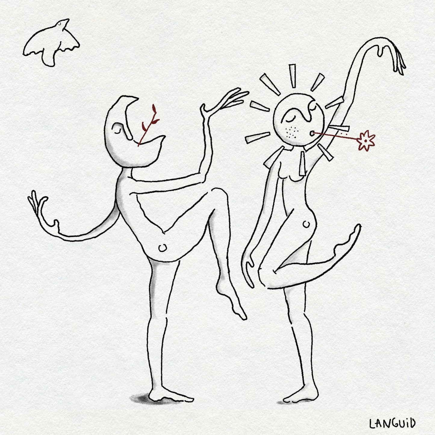 Black fine line drawing of two dancing figures on a white background, with 'LANGUID' signature. One figure has a moon head and one has a sun head. They both have a plant in their mouths. A small bird flies over them.