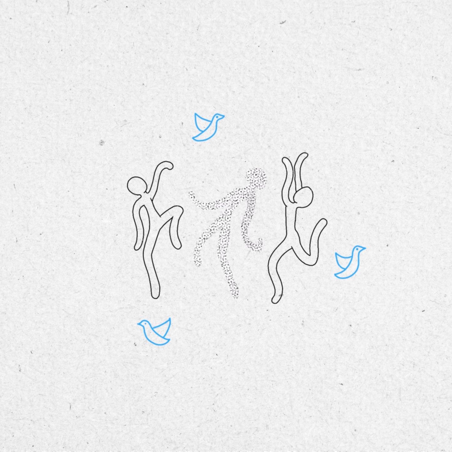 Drawing of three fineline and dotwork dancing figures with blue birds flying around them.
