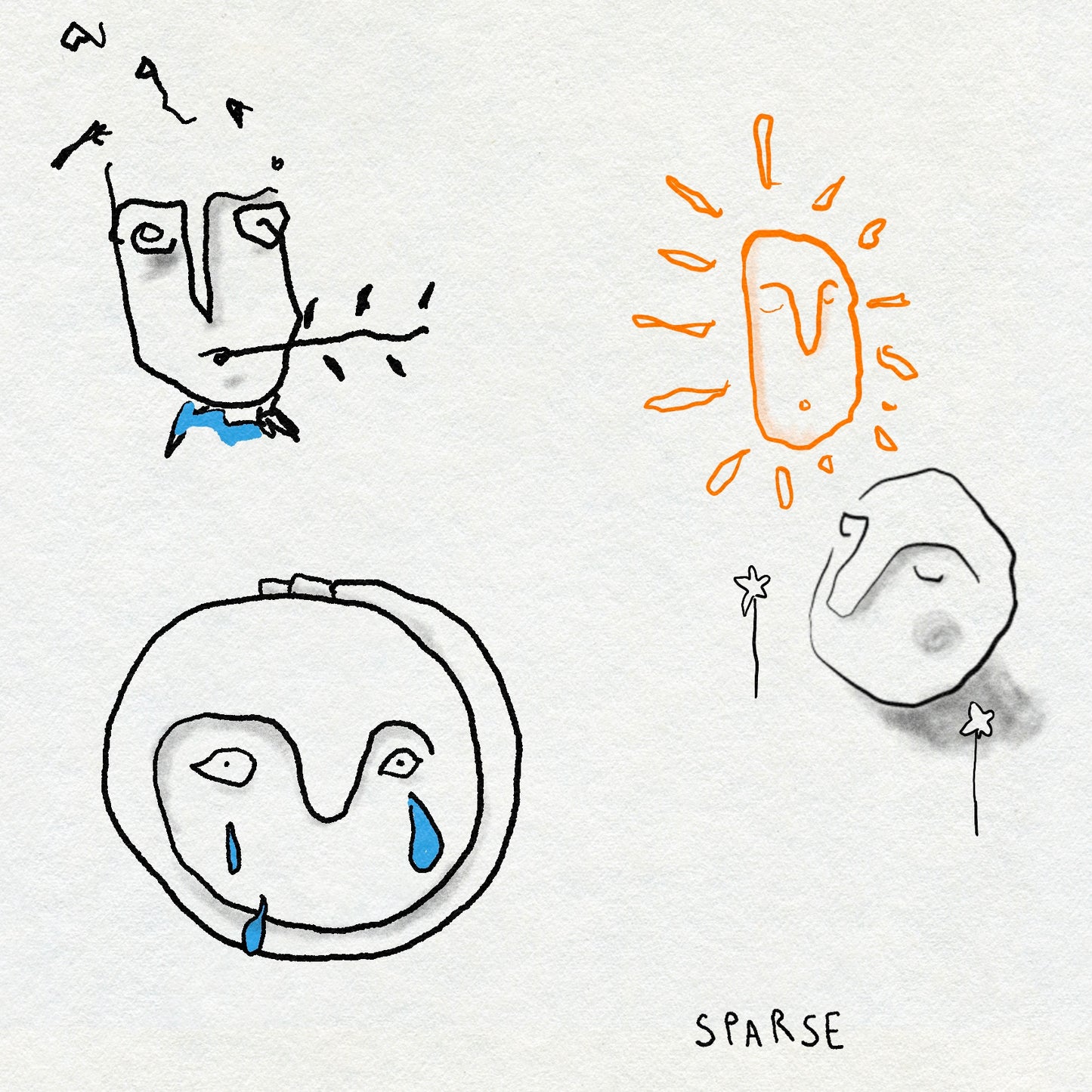 Fineline doodle style drawings of faces, including a sun, a face with tears, and a person chewing a plant with 'SPARSE' text. In black, blue and orange ink.