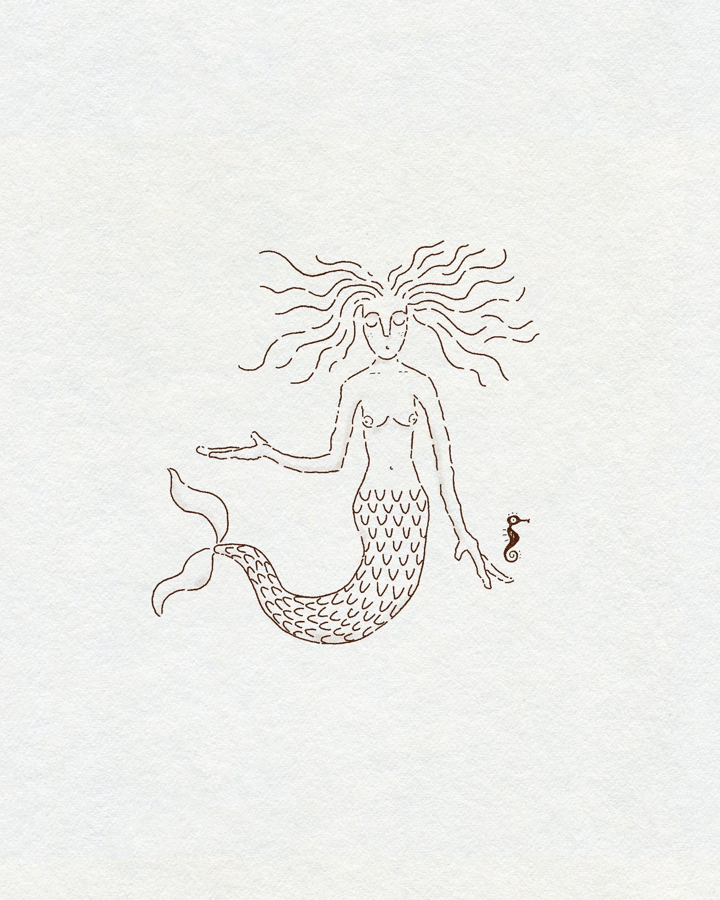 Fine line mermaid and tiny seahorse in brown ink on a cream textured background.
