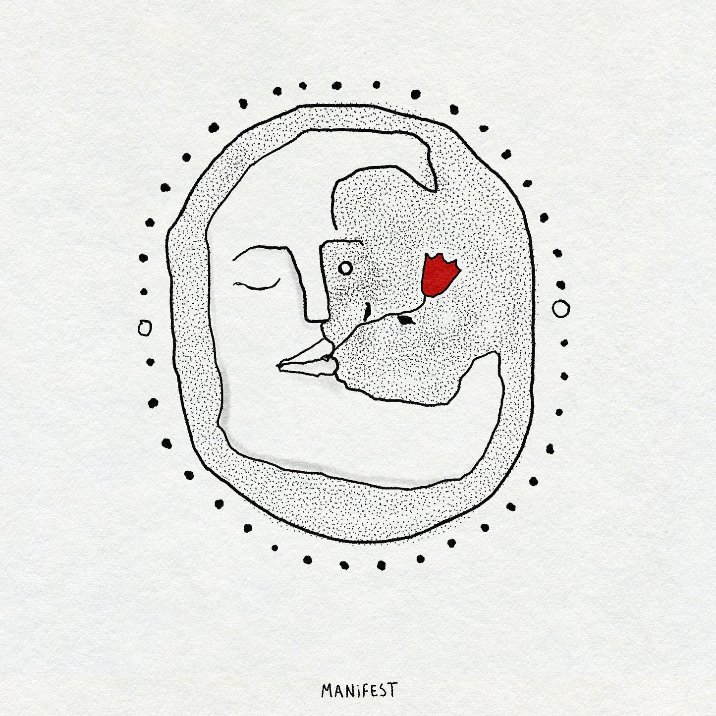Fineline and dotwork illustration of a moon with a dotted line and circle around it. The moon has a face with the eyes closed and has a red tulip in their mouth.