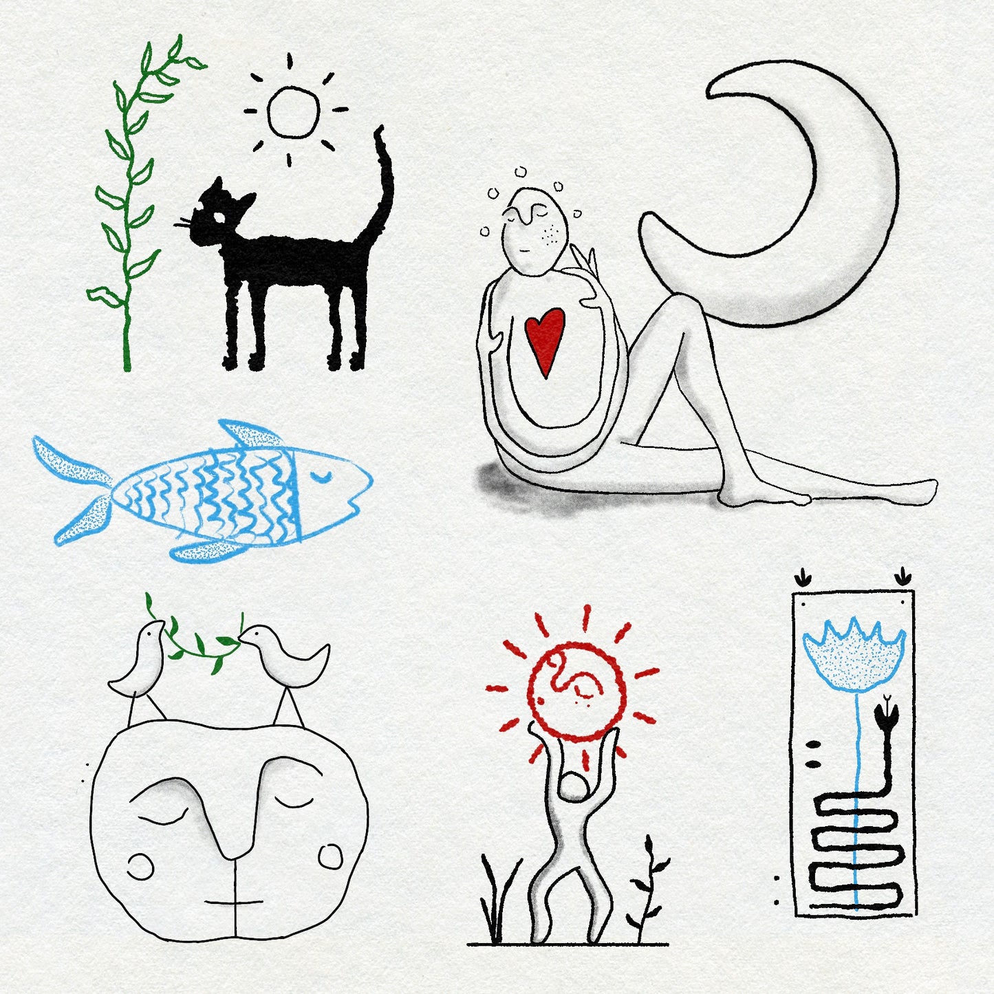 Collection of illustrations including a figure and moon, a black cat, a blue fish and a person holding a sunshine. In black, red, blue and green ink.