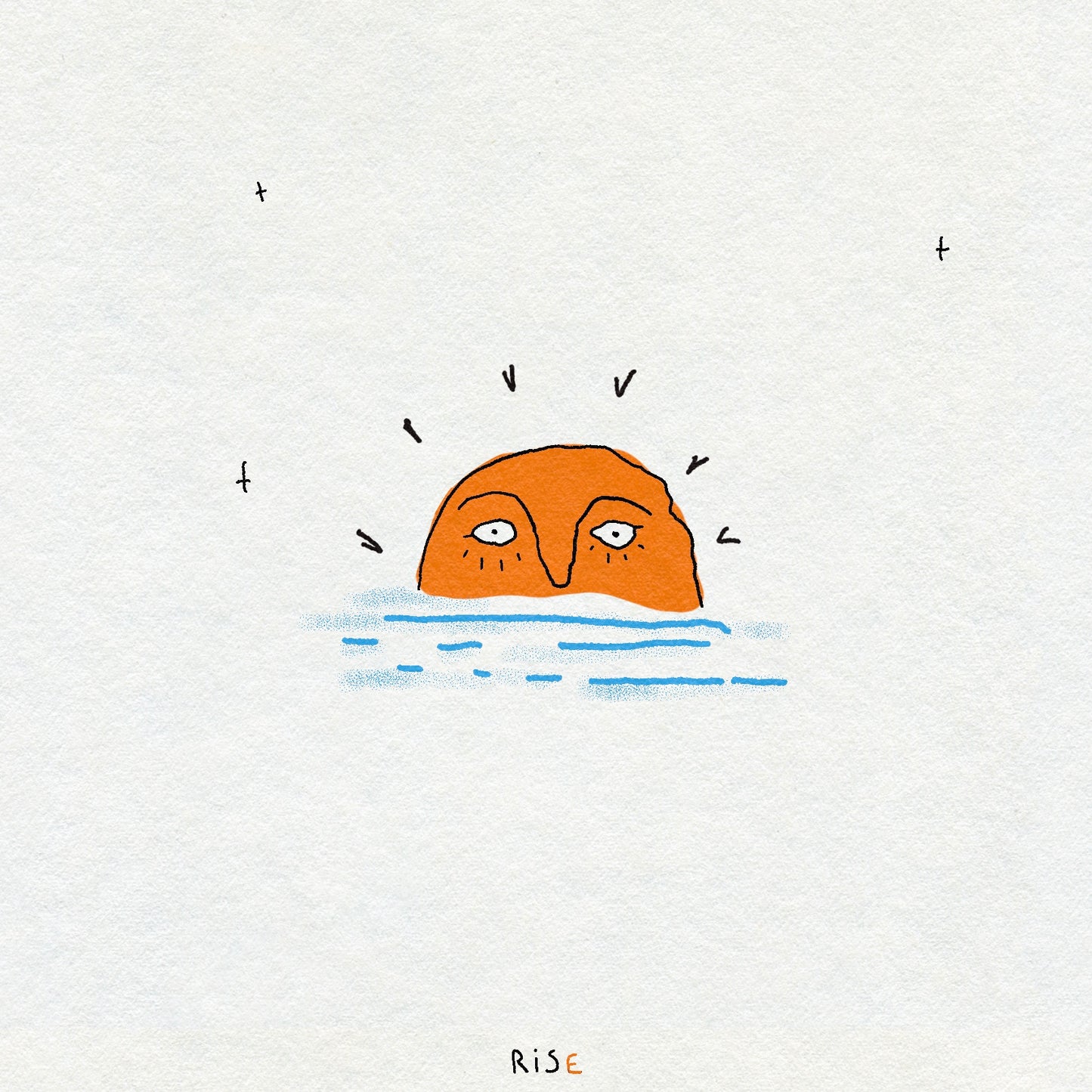 Drawing of an orange sun rising over the blue sea on a texture background. The sun has a face.