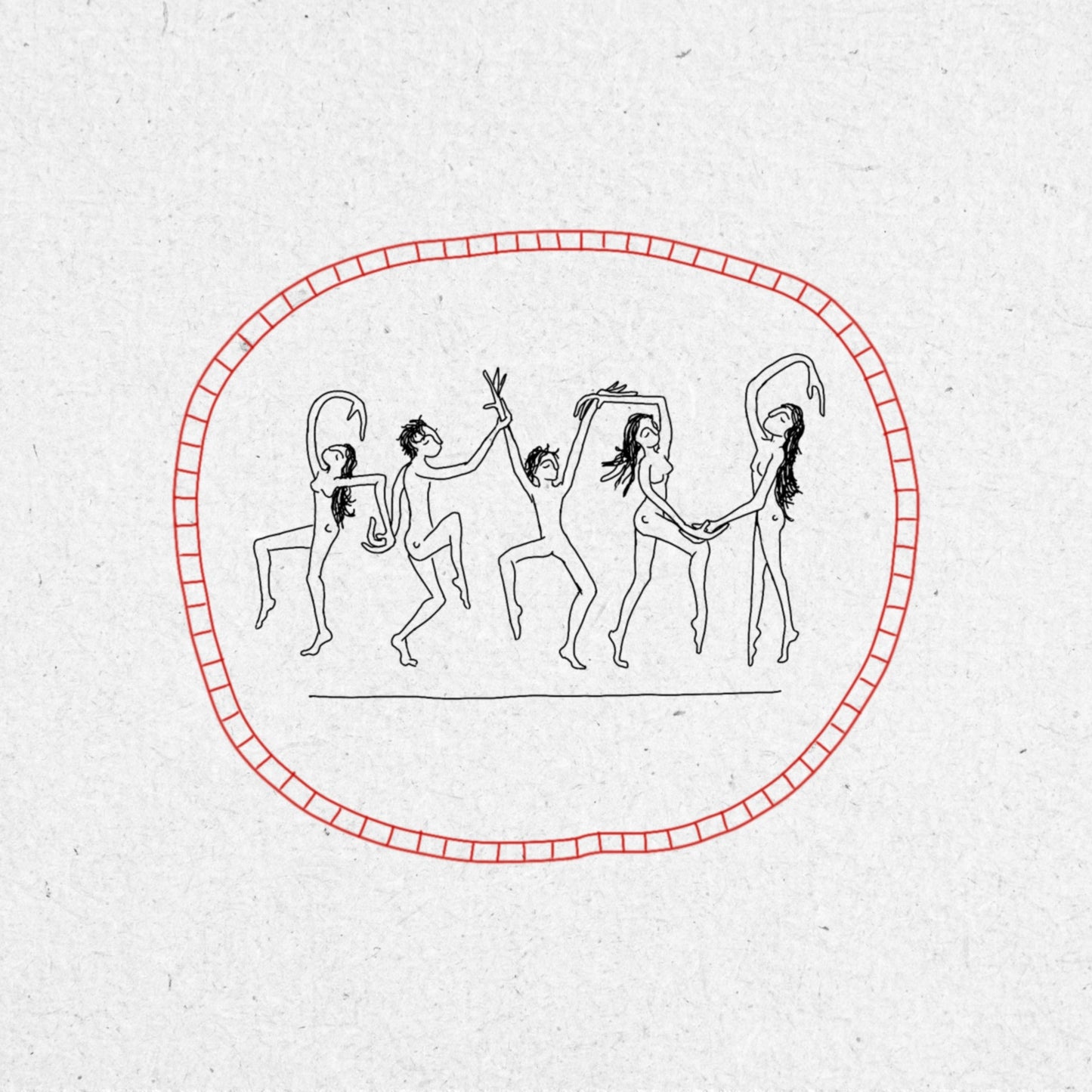Tattoo design of dancers in black ink with a red circle around it on a textured white background.