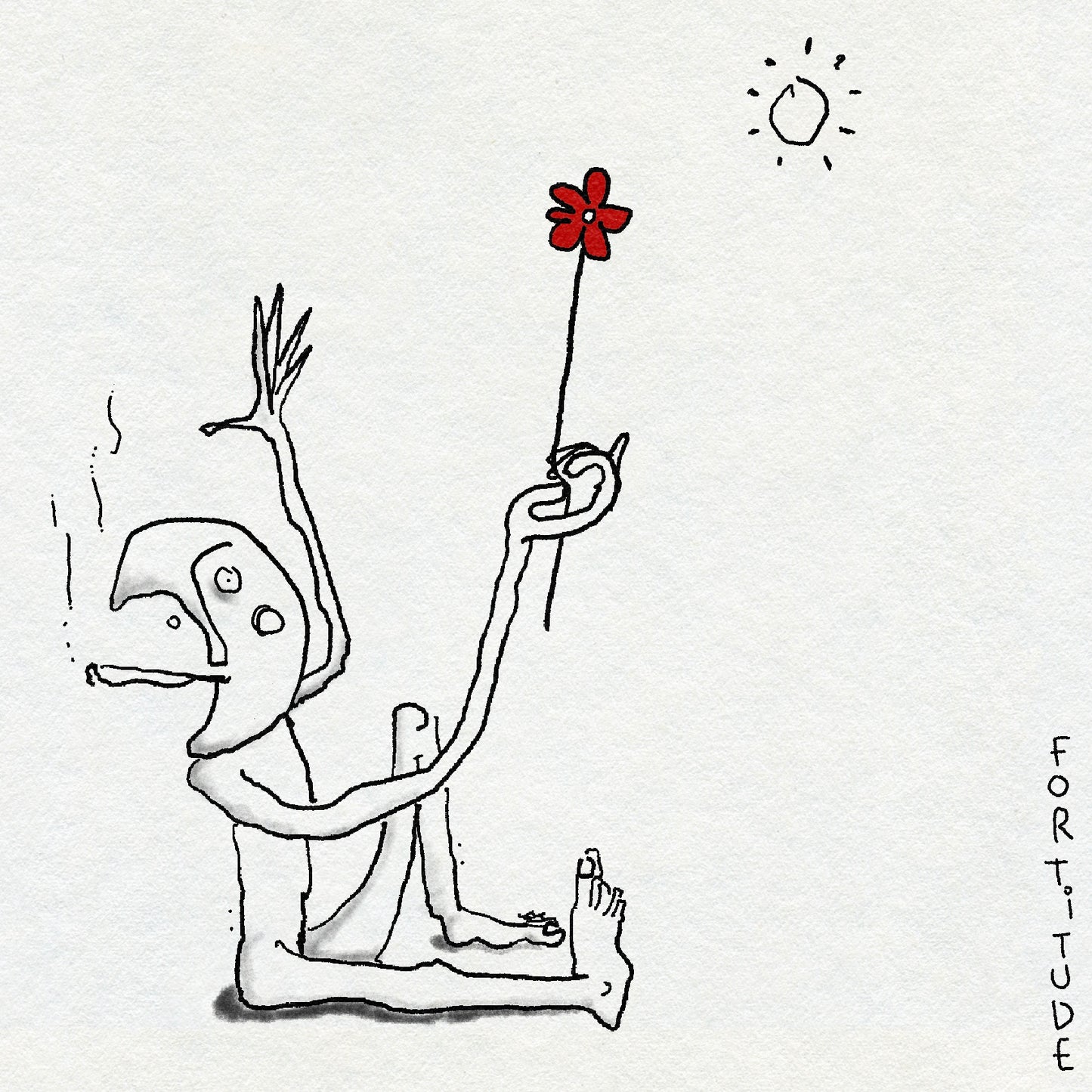 Fineline sketch-style drawing of a seated figure with a moon head smoking and holding a red flower with a small sun above them. In black ink.