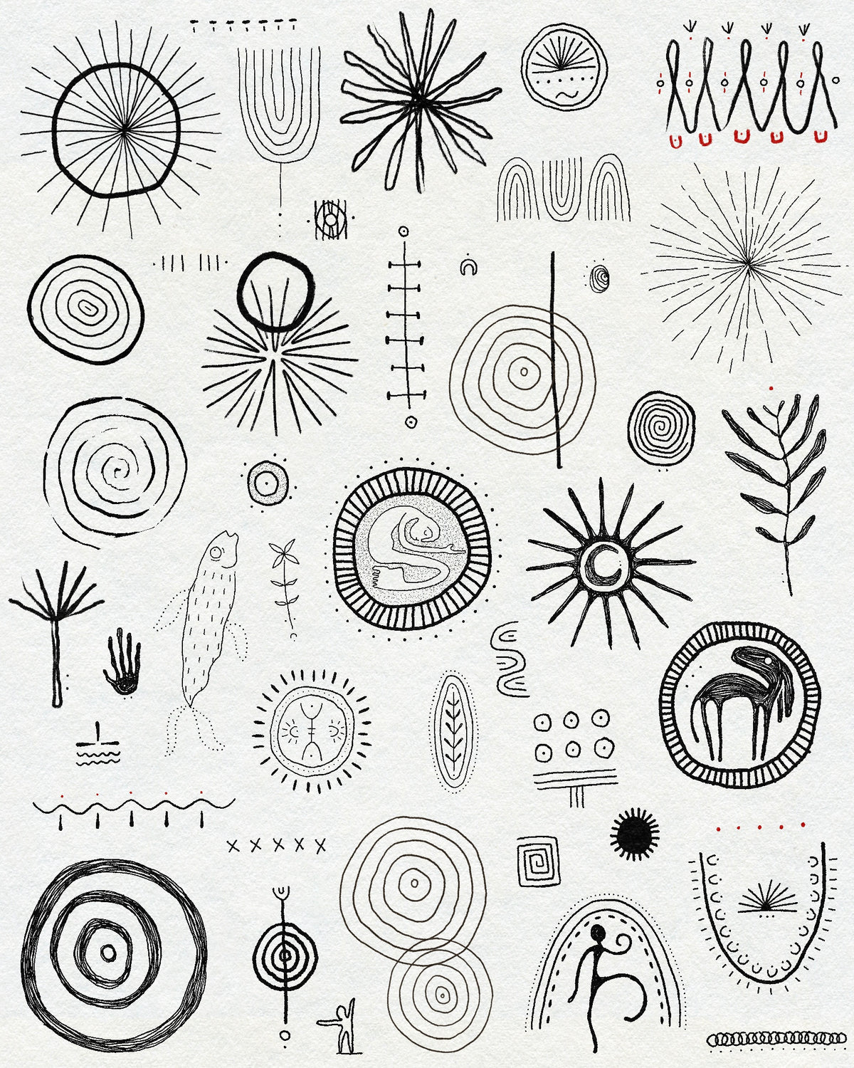 Sheet of rune, symbol and concentric circle tattoo designs inspired by cave art, by Eli Inking
