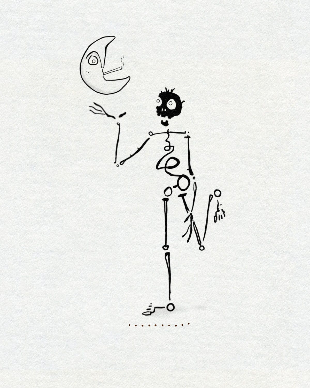 Loose single line skeleton with a wild-haired skull, beside a crescent moon smoking a cigarette