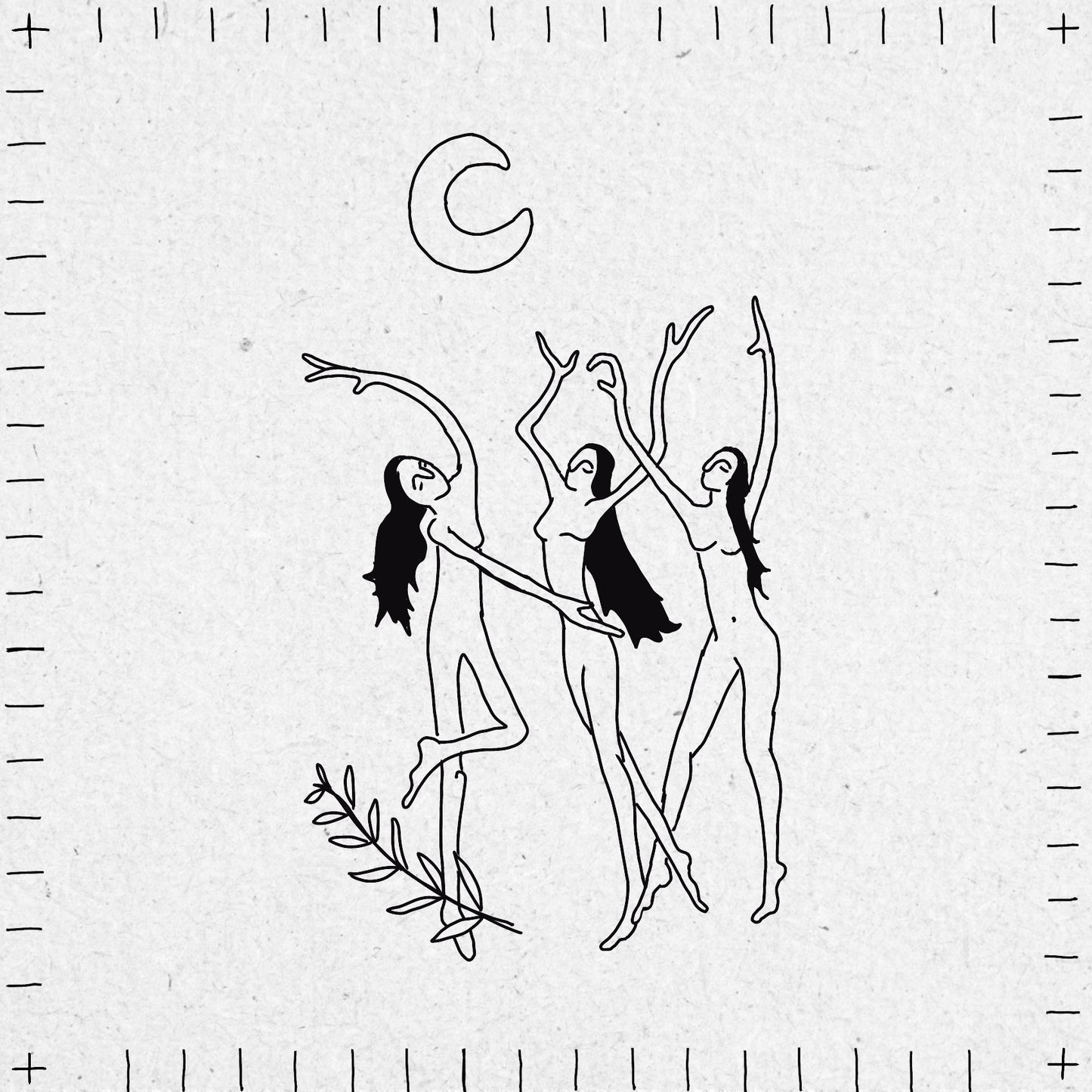 Black line art of three nude figures with outstretched arms on a textured white background. The figures have long dark hair and are dancing below a crescent moon with a plant draped over the leg of one figure. There is a lined border around the outside.