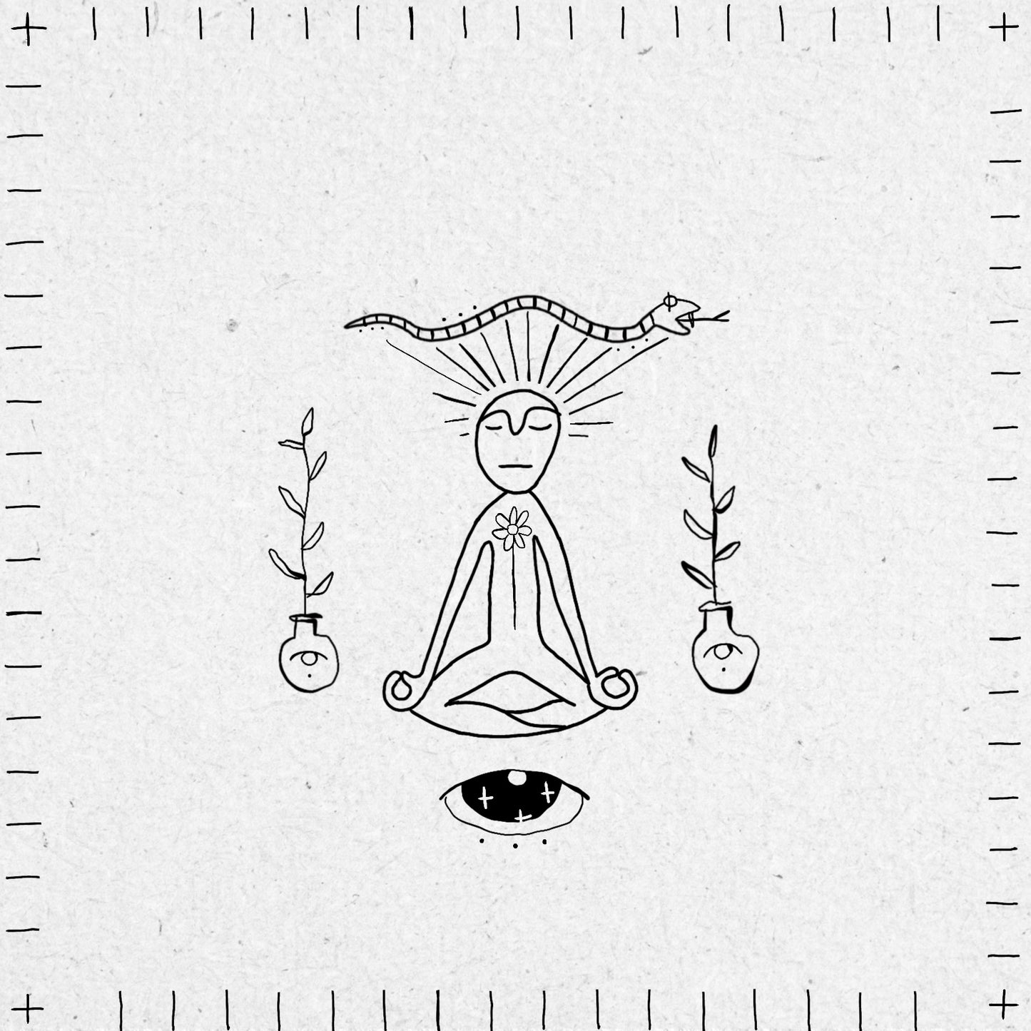 Black and white illustration of a meditating figure with plants, an eye and snakes around them on a textured background