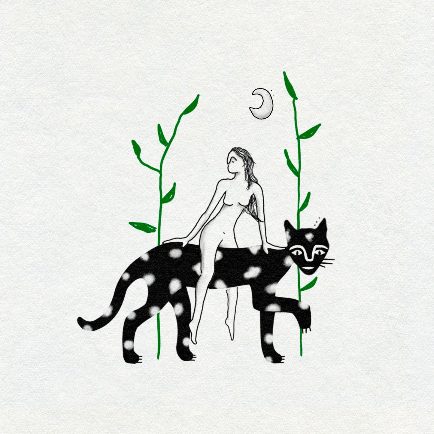 Illustration of a woman with long dark hair riding a black and white spotty panther with green leaves and a moon in the background on a light gray background