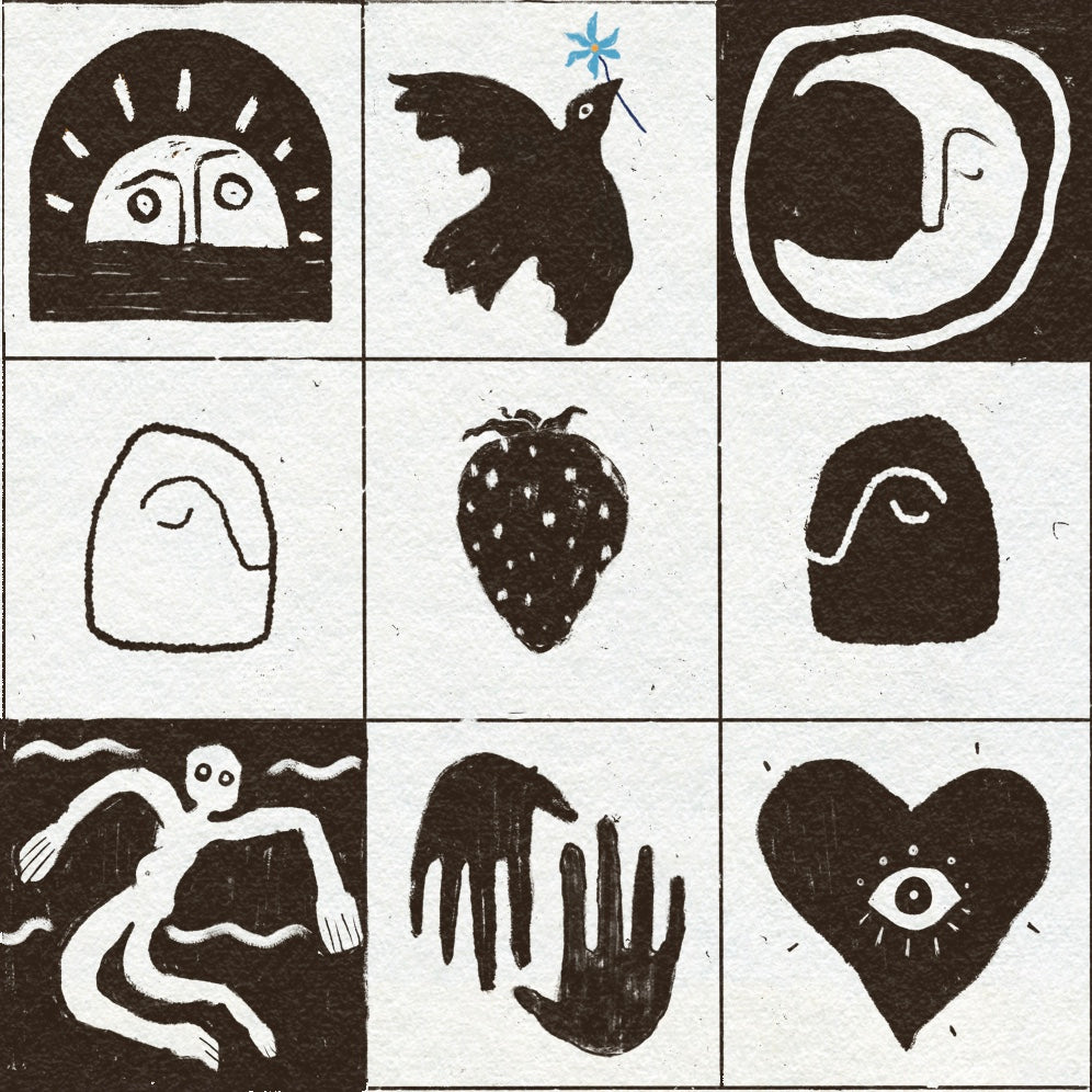 Bold black ink drawings of a sun, bird, moon, faces, strawberry, hands, figure floating and heart with an eye inside it. On a textured background.