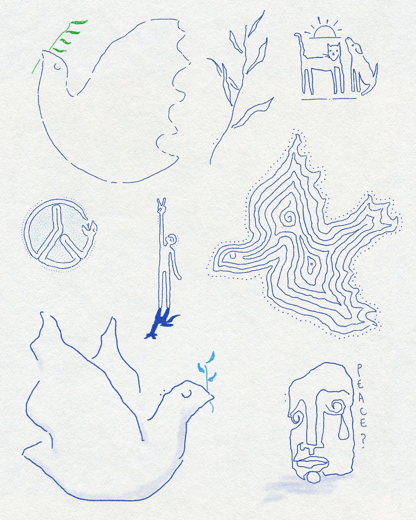 fine line blue drawings of peace symbols, doves, plants, a cat and dog and a crying face with the word PEACE? next to it. On textured white background.