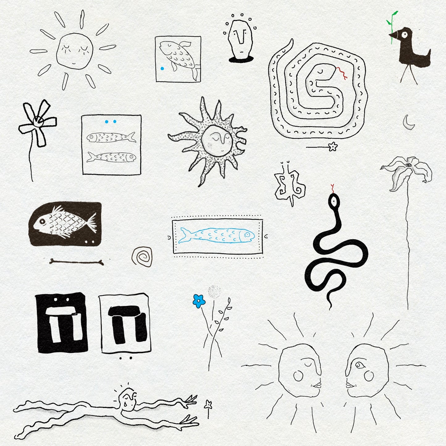 Fine line and blackwork drawings of nature based things such as snakes, fish, sunshine, flowers, stone henge, moon and butterfly. Also symbols including a spiral. In black, blue, red and green ink.