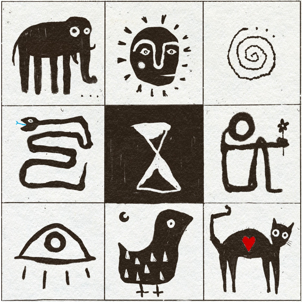 Nine black and white drawings of various abstract shapes and animals on a white background including a spiral, eye, sand timer, snake, figure, cat, bird, elephant and sunshine. In black, red and blue ink.