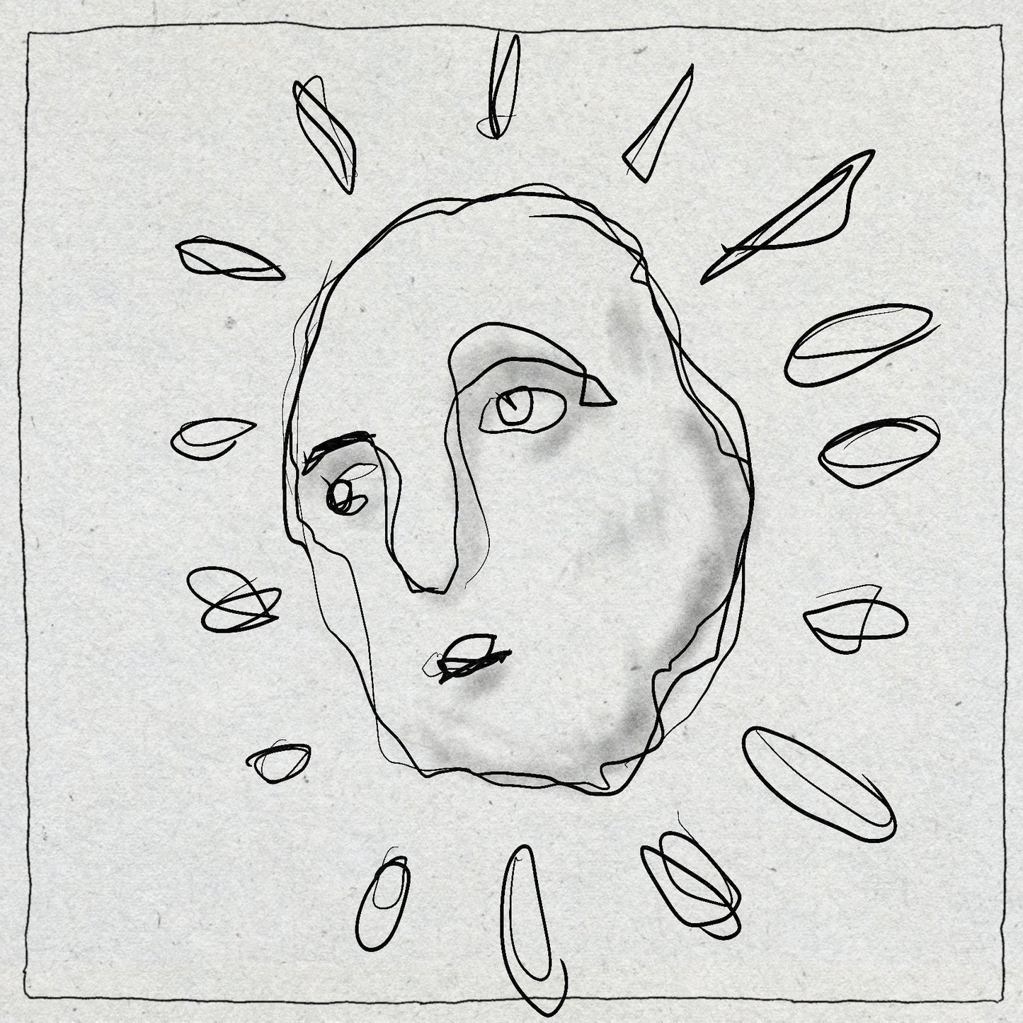 Sketch style fineline drawing of a sun with gently shading in black ink with a minimal border around it on a textured background. The sun has a face.