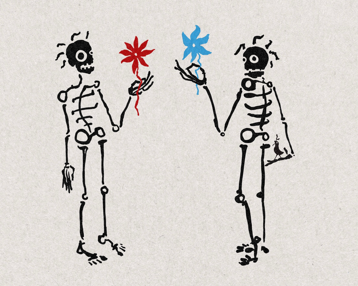 Two skeletons holding hands, one holding a red flower and one a blue flower, with a small bird perched by an ankle