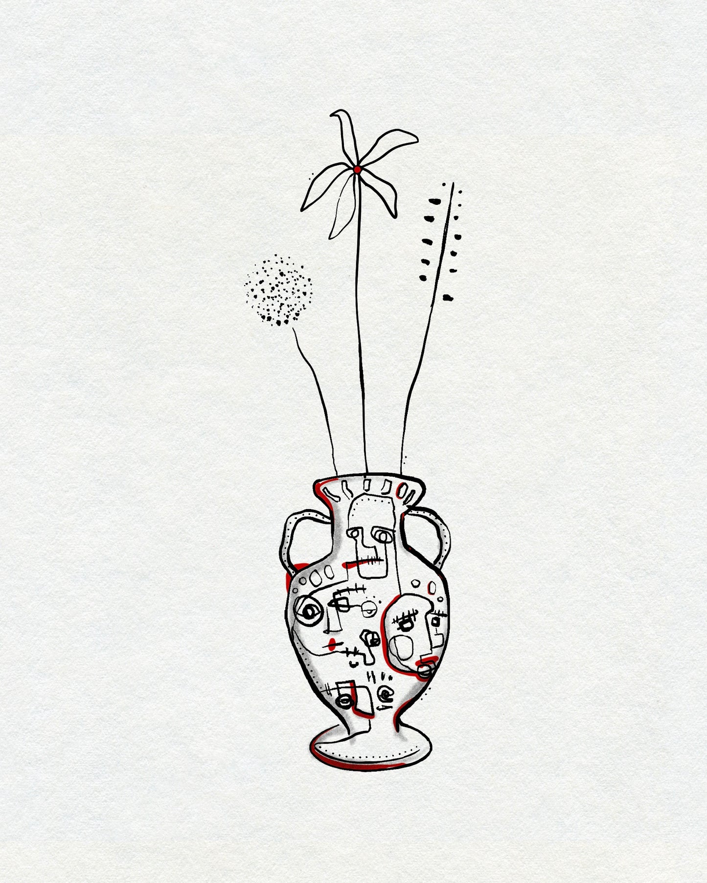 A bold linework drawing of a vase with abstract faces on it and plants and flowers in it. In black and red ink.