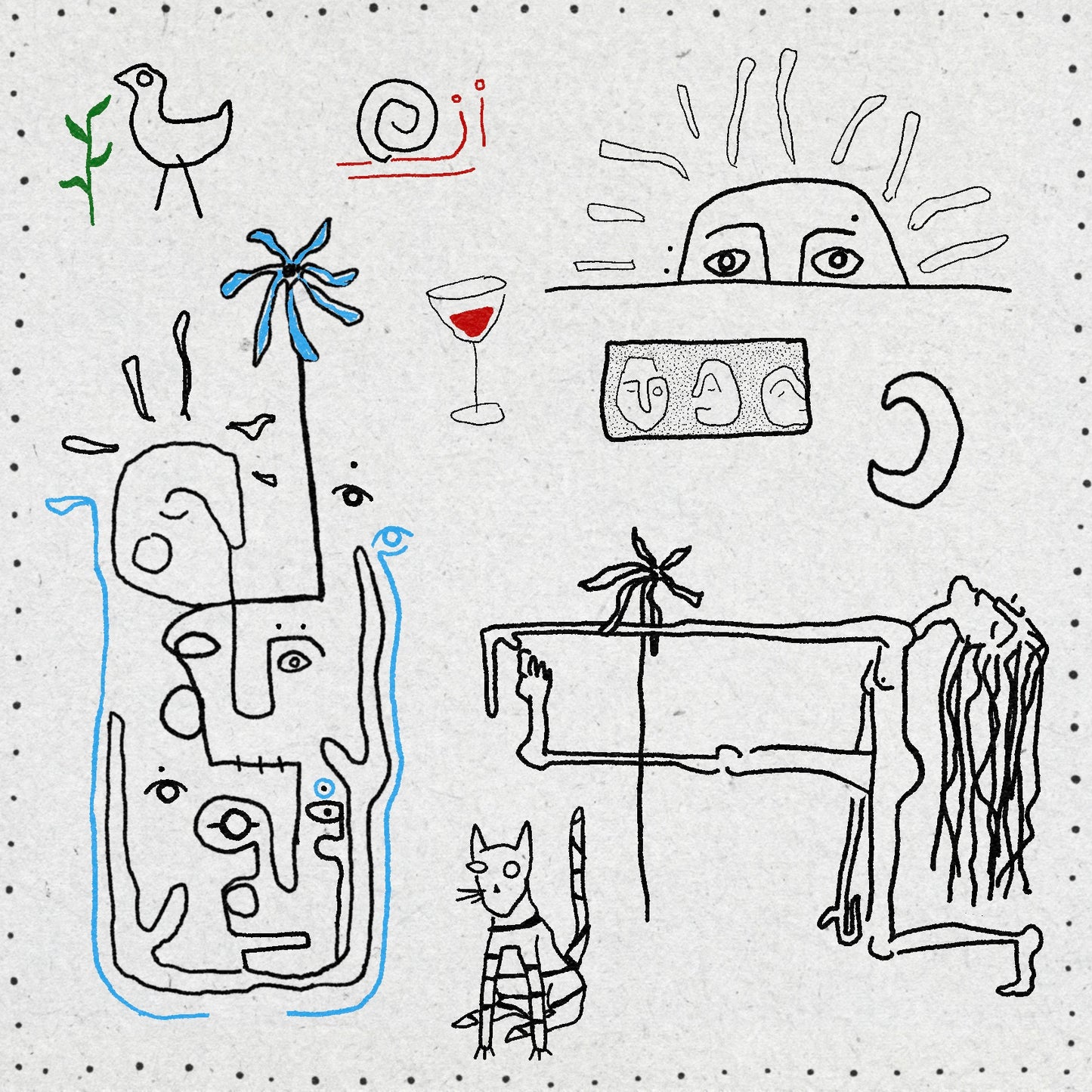Fine line and sketch style drawings of a sunshine, moon, wineglass, snail, bird, cat, figure and faces. In black, red and blue ink.