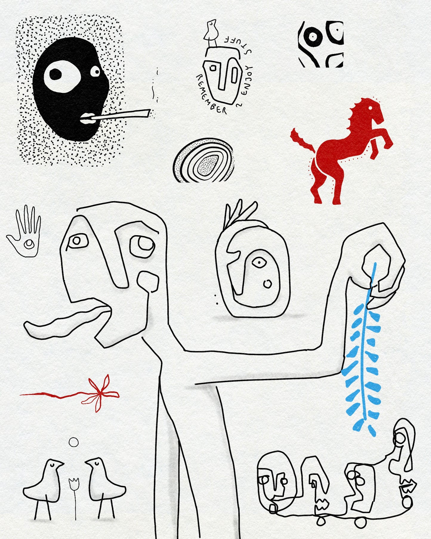 Weird drawings of faces, birds and abstract symbols in black, red and blue ink. On an off-white textured background.