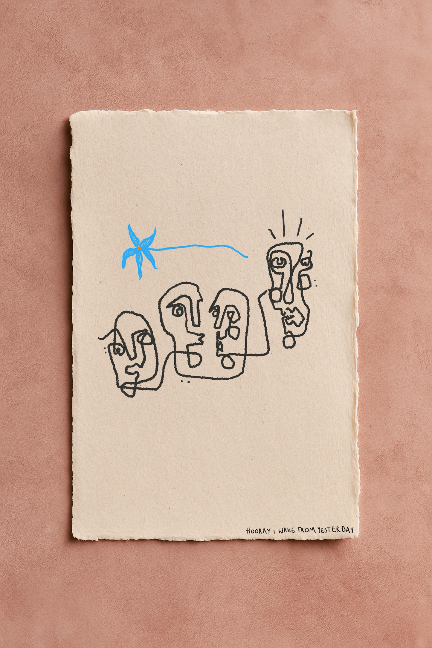 A doodle linework drawing of abstract faces in black ink with a blue flower above them. On an off-white textured page that is on a terracotta background. Text says HOORAY I WAKE FROM YESTERDAY