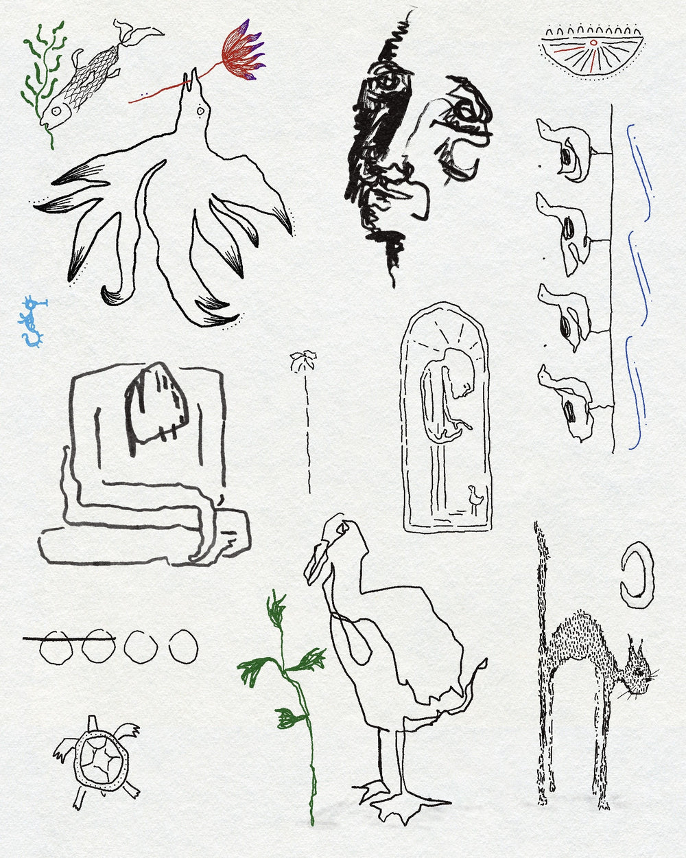 Tattoo flash sheet of birds, a bird with a flower, a duck, a cat, a turtle, a fish and a few other characters