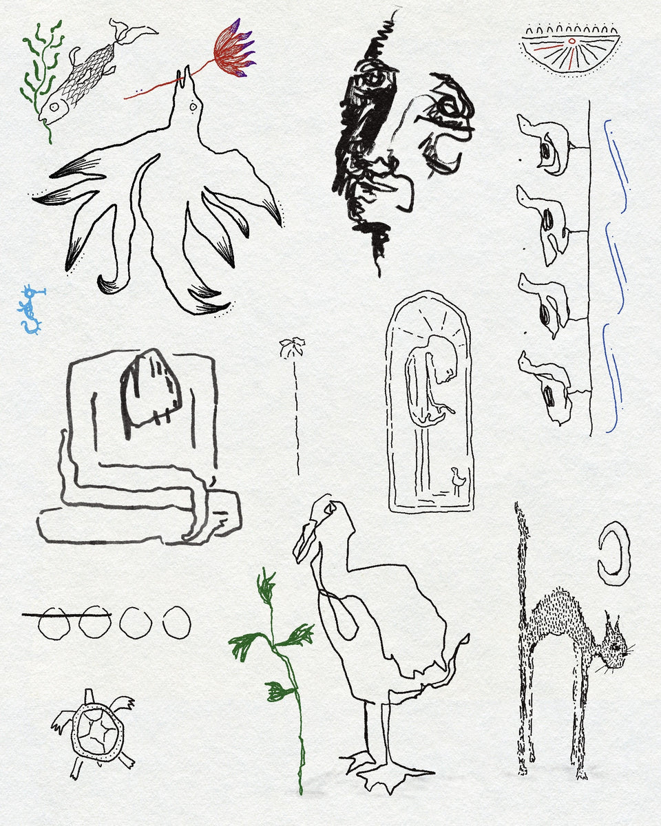 Tattoo flash sheet of birds, a bird with a flower, a duck, a cat, a turtle, a fish and a few other characters
