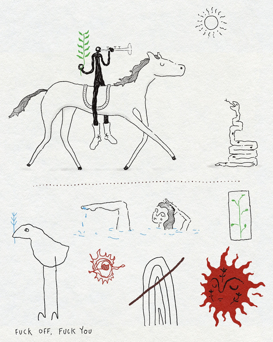 Tattoo flash sheet with a trumpet player on a horse, a snake, two swimmers, a bird, a red eye, a red sun, an arch, a sprout in a box and the words fuck off, fuck you