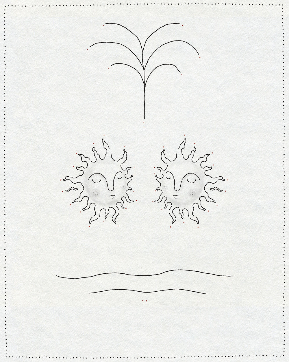 Twin sleeping suns with a palm above and water below, with small red dots