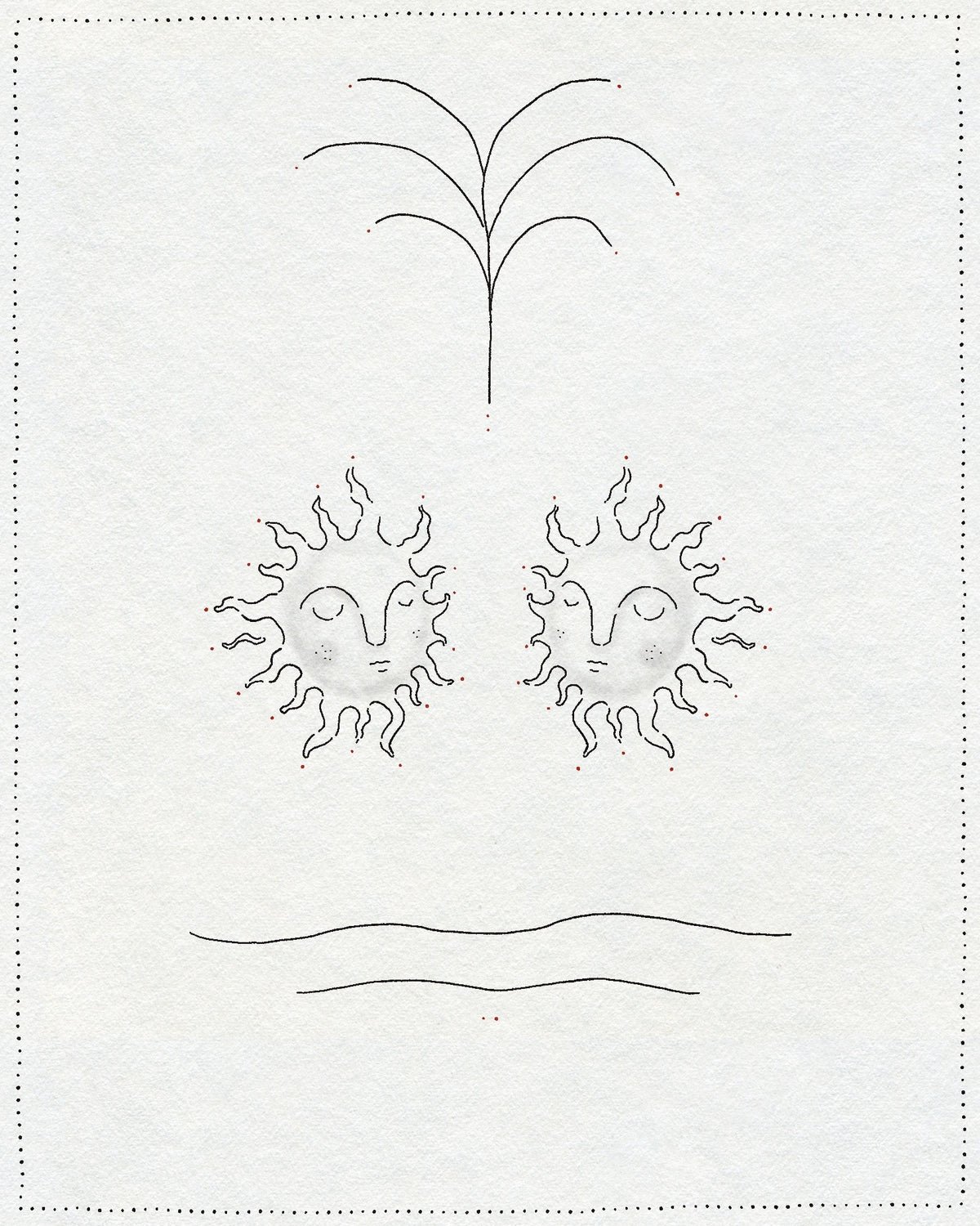 Twin sleeping suns with a palm above and water below, with small red dots