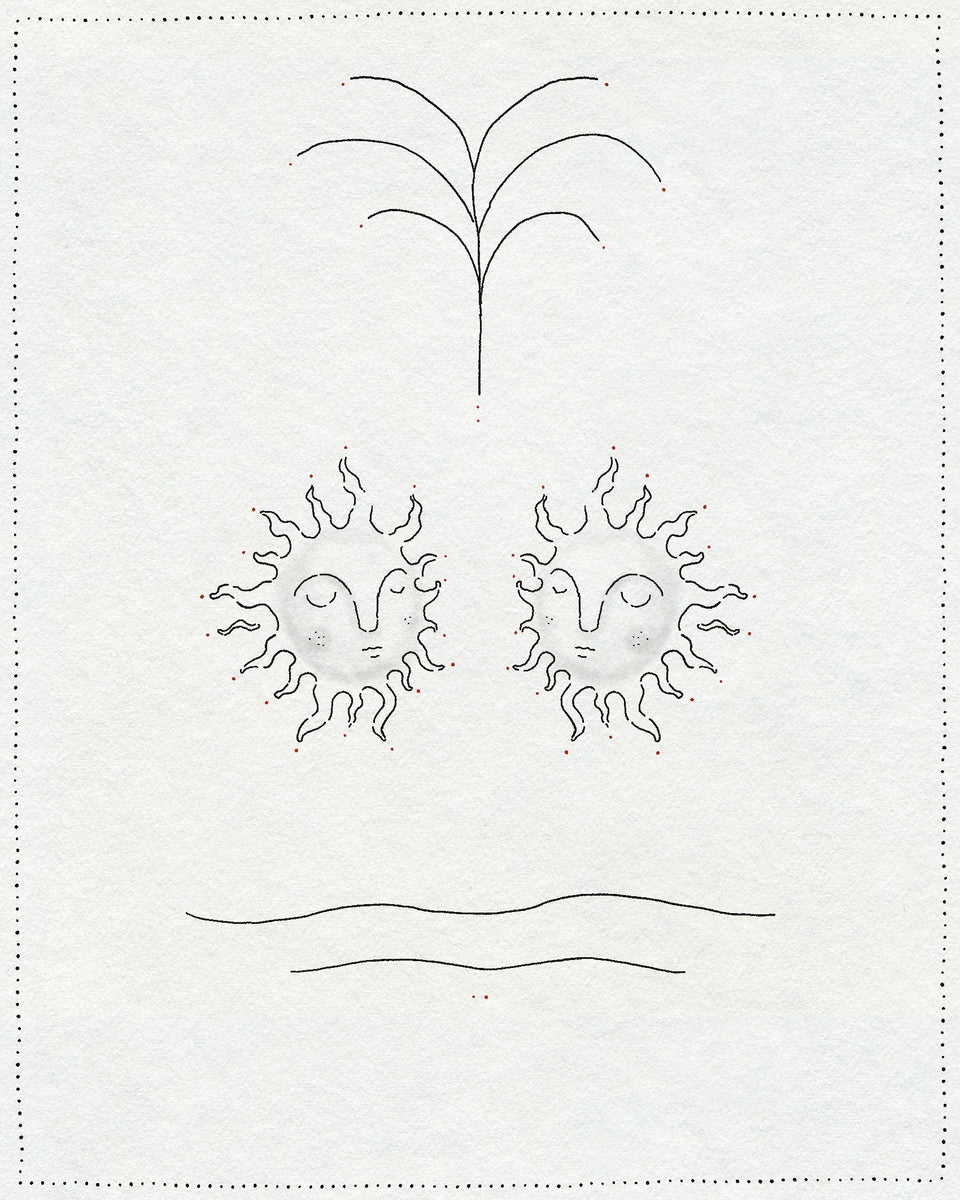 Twin sleeping suns with a palm above and water below, with small red dots