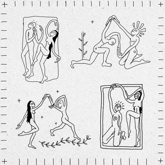 Black line drawings of figures on a white background. Four drawings on the page. Each drawing shows two figures dancing together. Two drawings have frames around them. The figures are dancing amongst plants and stars. 