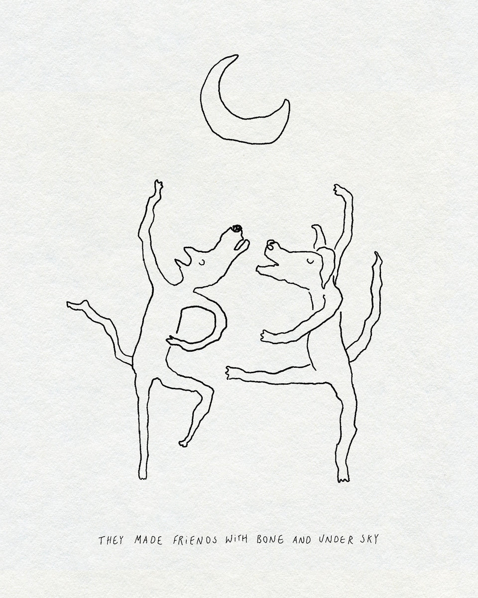 Two dogs dancing together under a crescent moon, line drawing tattoo design by Eli Inking