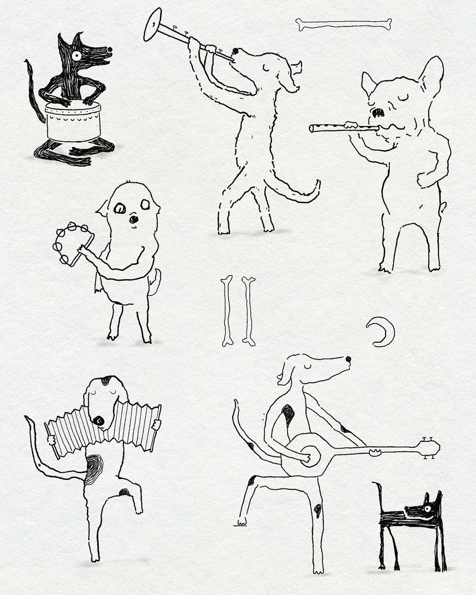 Dogs playing musical instruments like a band, tattoo flash by Eli Inking