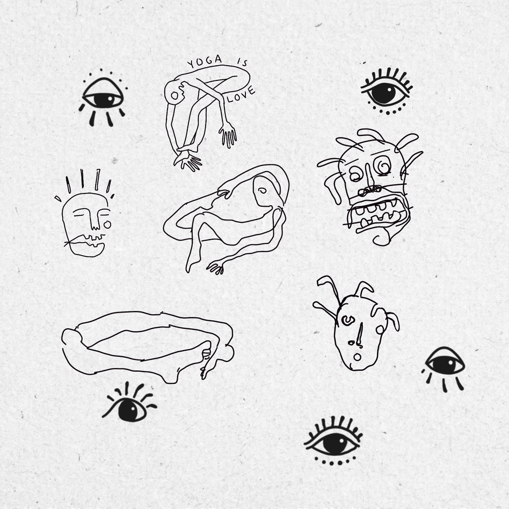 Collection of black line drawings on a textured white background, including yoga poses, unusual faces and eyes.